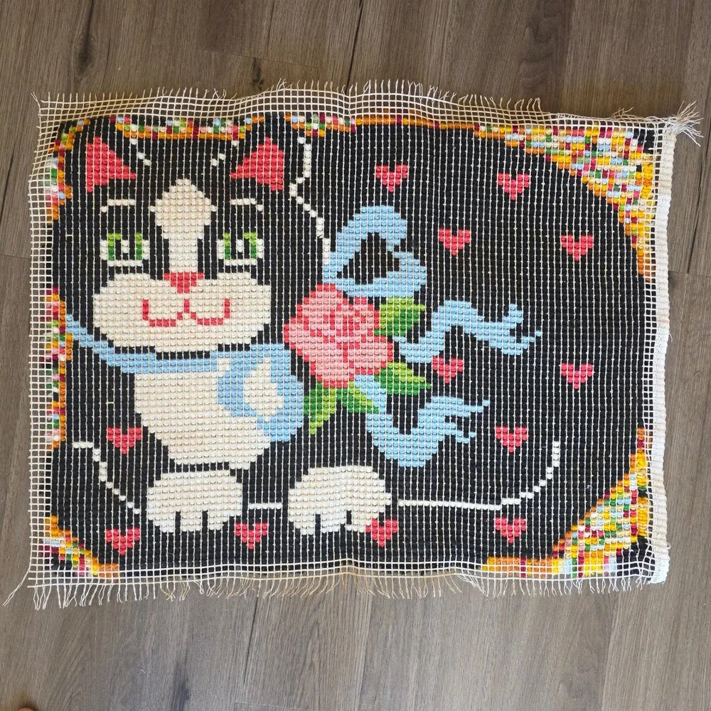 Vintage Latch Hook Rug Black Tuxedo Cat with Rose and Blue Bow & Hearts Raw Edge